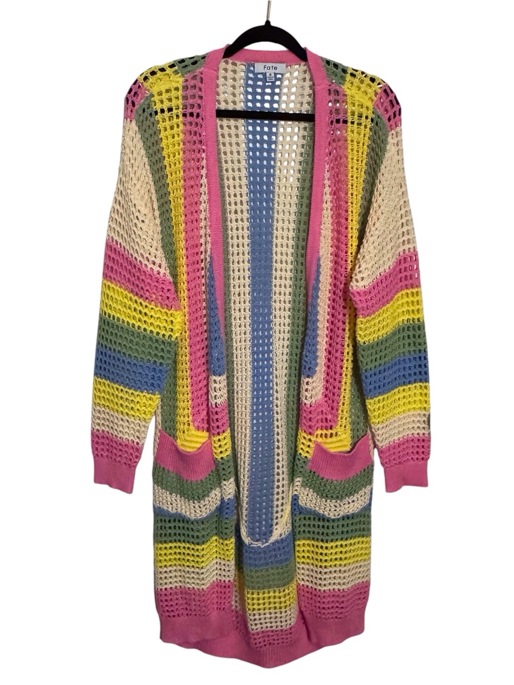 Fate Size Small Colorful Crochet Cardigan Sweater Duster Boho Western Pockets